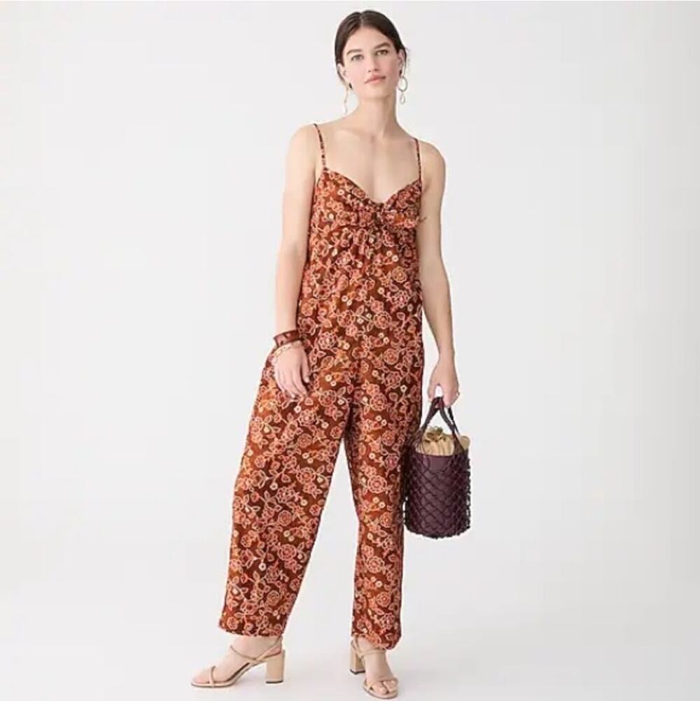 J. Crew Vintage Vines Jumpsuit Cottage Tie Front Tank Floral Brown Fall Boho 2